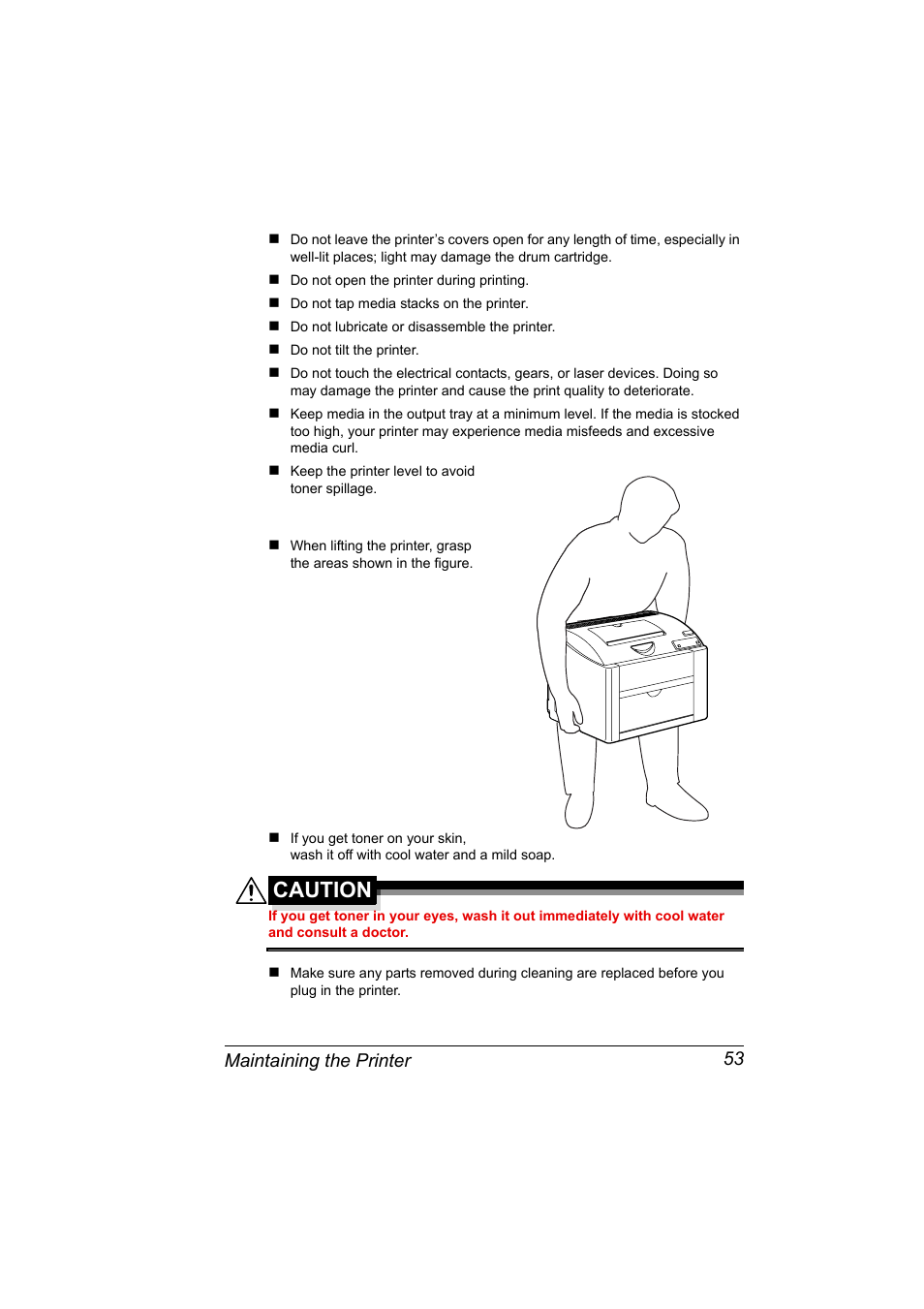 Caution, Maintaining the printer 53 | Konica Minolta 4139-7733-01A User Manual | Page 59 / 96