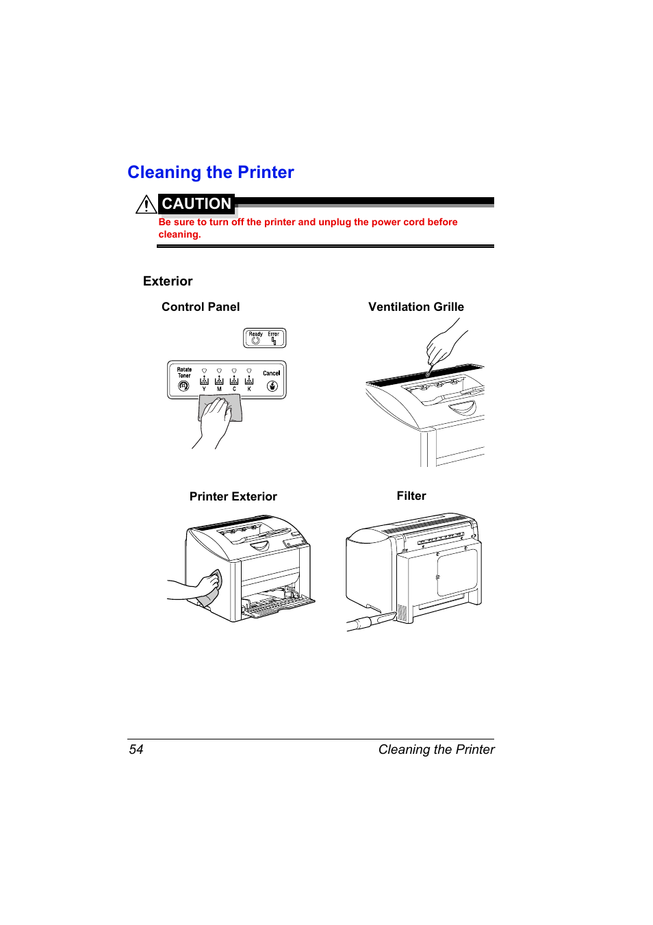 Cleaning the printer, Exterior, Cleaning the printer 54 | Exterior 54 | Konica Minolta 4139-7733-01A User Manual | Page 60 / 96