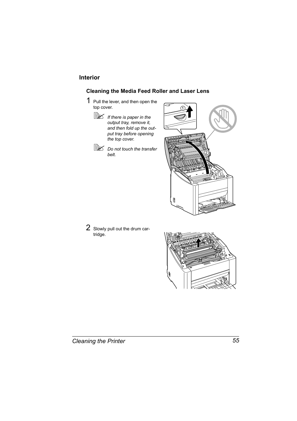 Interior, Cleaning the media feed roller and laser lens, Interior 55 | Cleaning the media feed roller and laser lens 55 | Konica Minolta 4139-7733-01A User Manual | Page 61 / 96