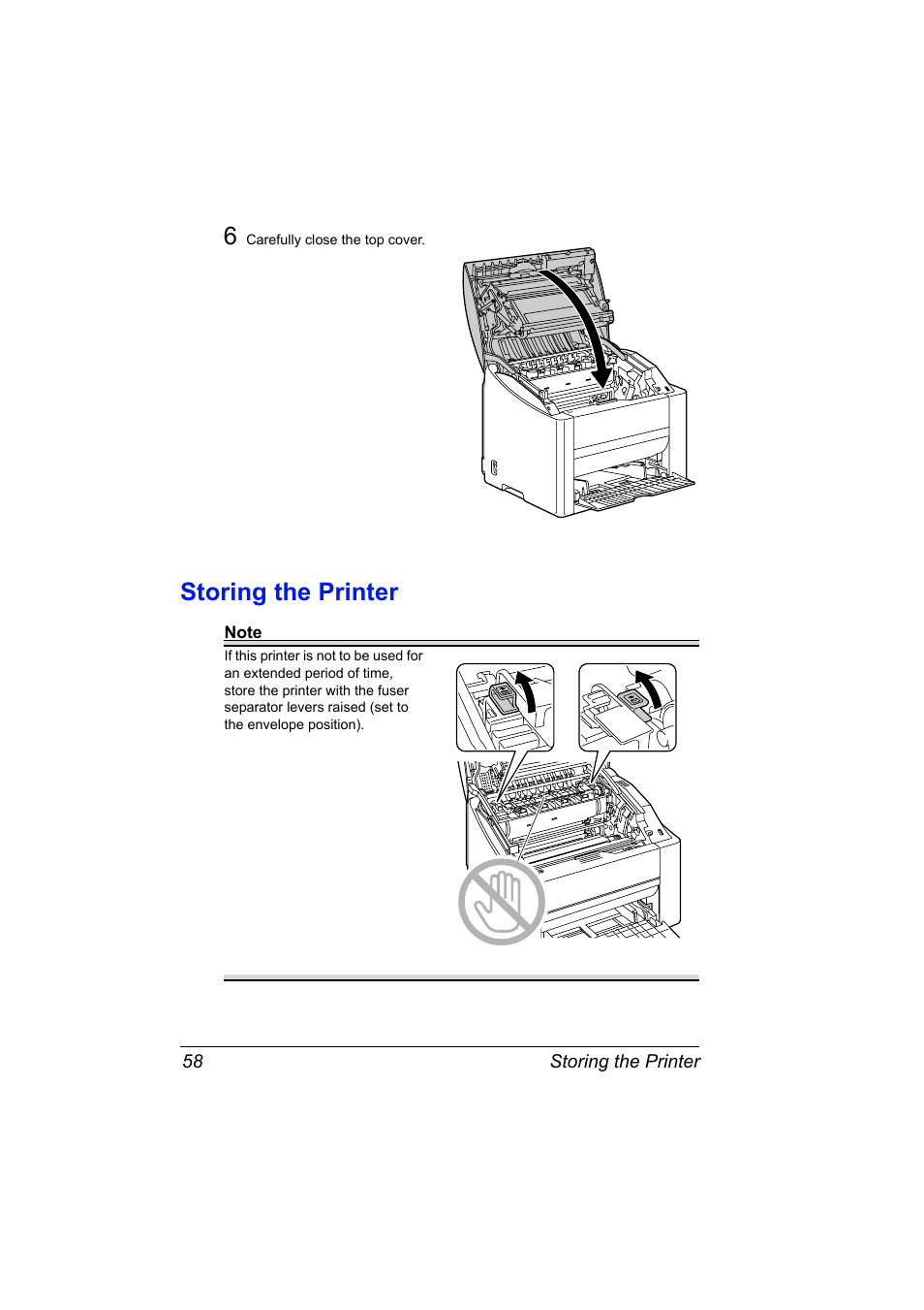 Storing the printer, Storing the printer 58 | Konica Minolta 4139-7733-01A User Manual | Page 64 / 96