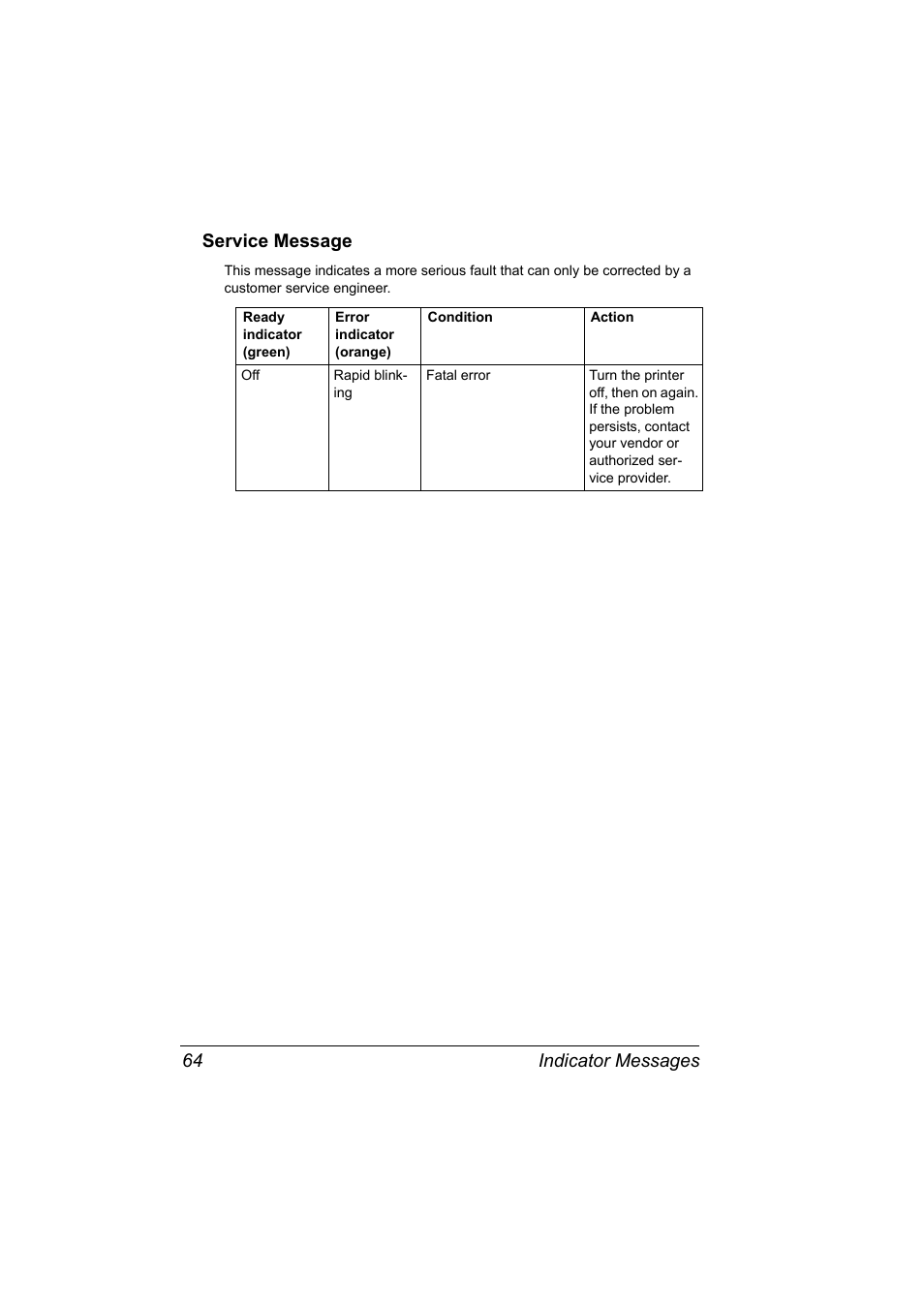 Service message, Service message 64, Indicator messages 64 service message | Konica Minolta 4139-7733-01A User Manual | Page 70 / 96