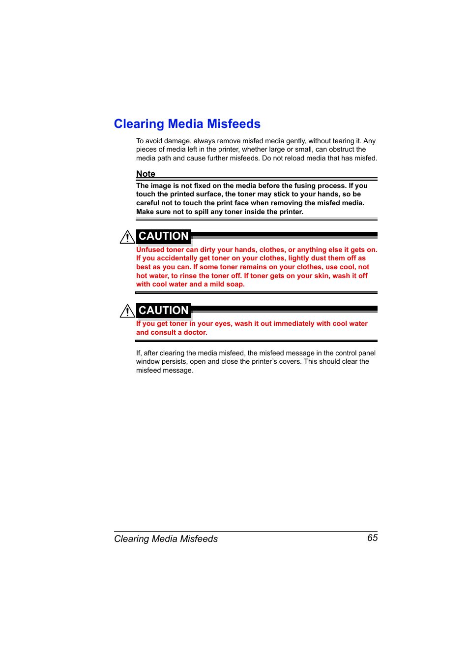 Clearing media misfeeds, Clearing media misfeeds 65, Caution | Konica Minolta 4139-7733-01A User Manual | Page 71 / 96