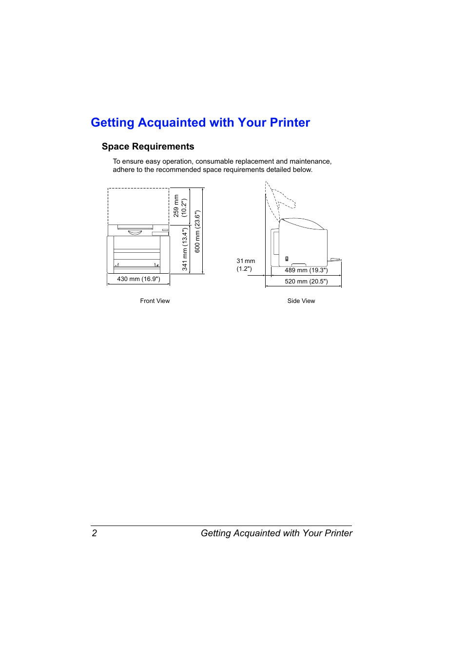 Getting acquainted with your printer, Space requirements, Getting acquainted with your printer 2 | Space requirements 2 | Konica Minolta 4139-7733-01A User Manual | Page 8 / 96
