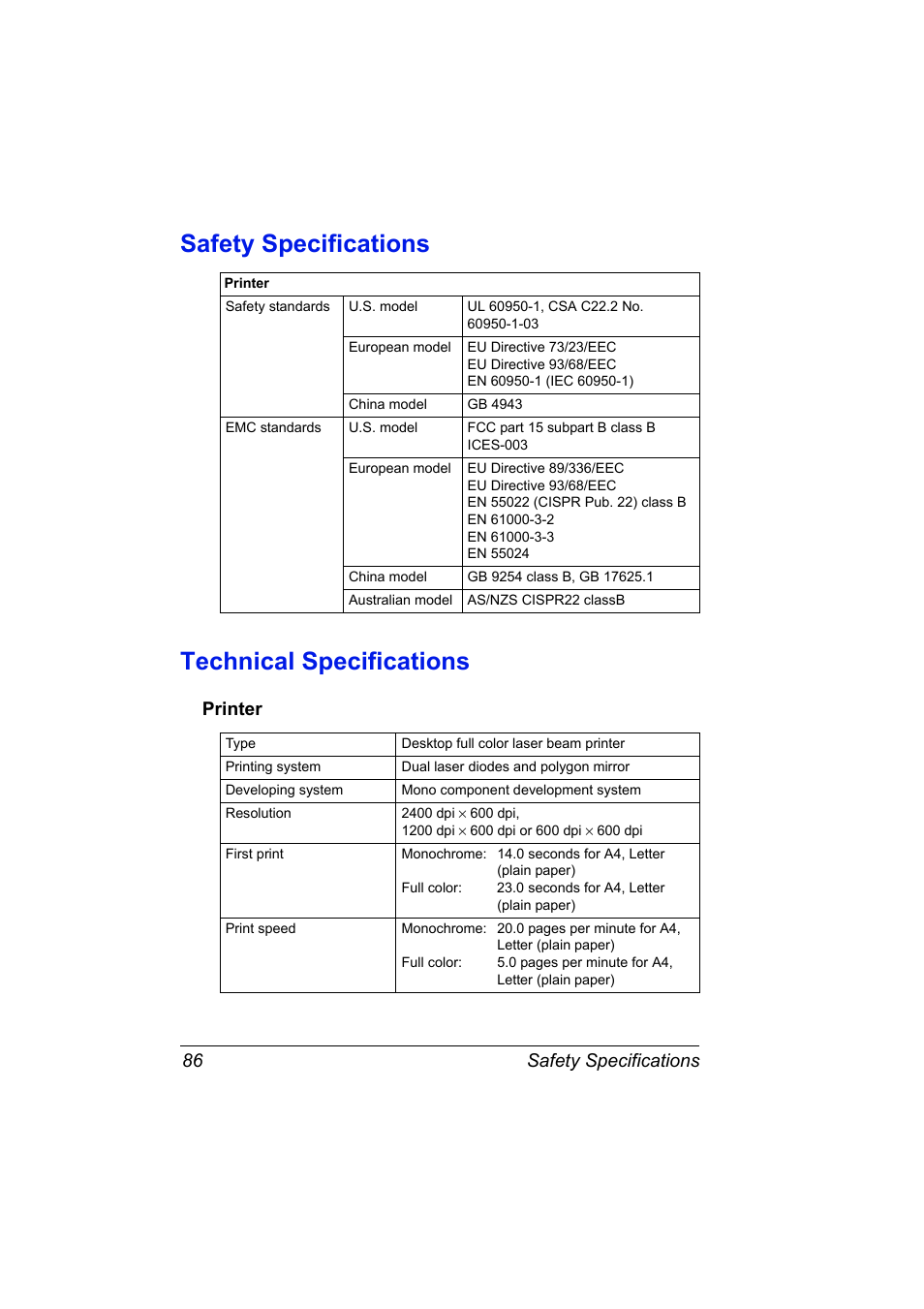 Safety specifications, Technical specifications, Printer | Printer 86, Safety specifications technical specifications, Safety specifications 86 | Konica Minolta 4139-7733-01A User Manual | Page 92 / 96