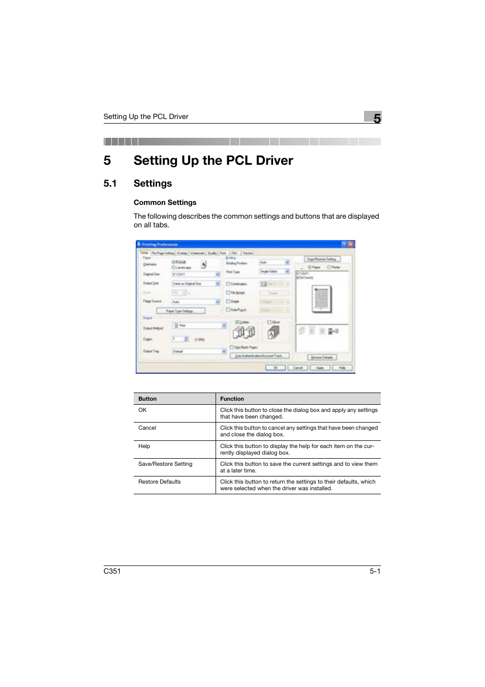 5 setting up the pcl driver, 1 settings, Common settings | 5setting up the pcl driver | Konica Minolta BIZHUP C351 User Manual | Page 102 / 318