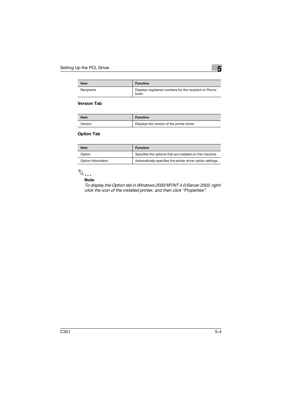 Version tab, Option tab | Konica Minolta BIZHUP C351 User Manual | Page 105 / 318