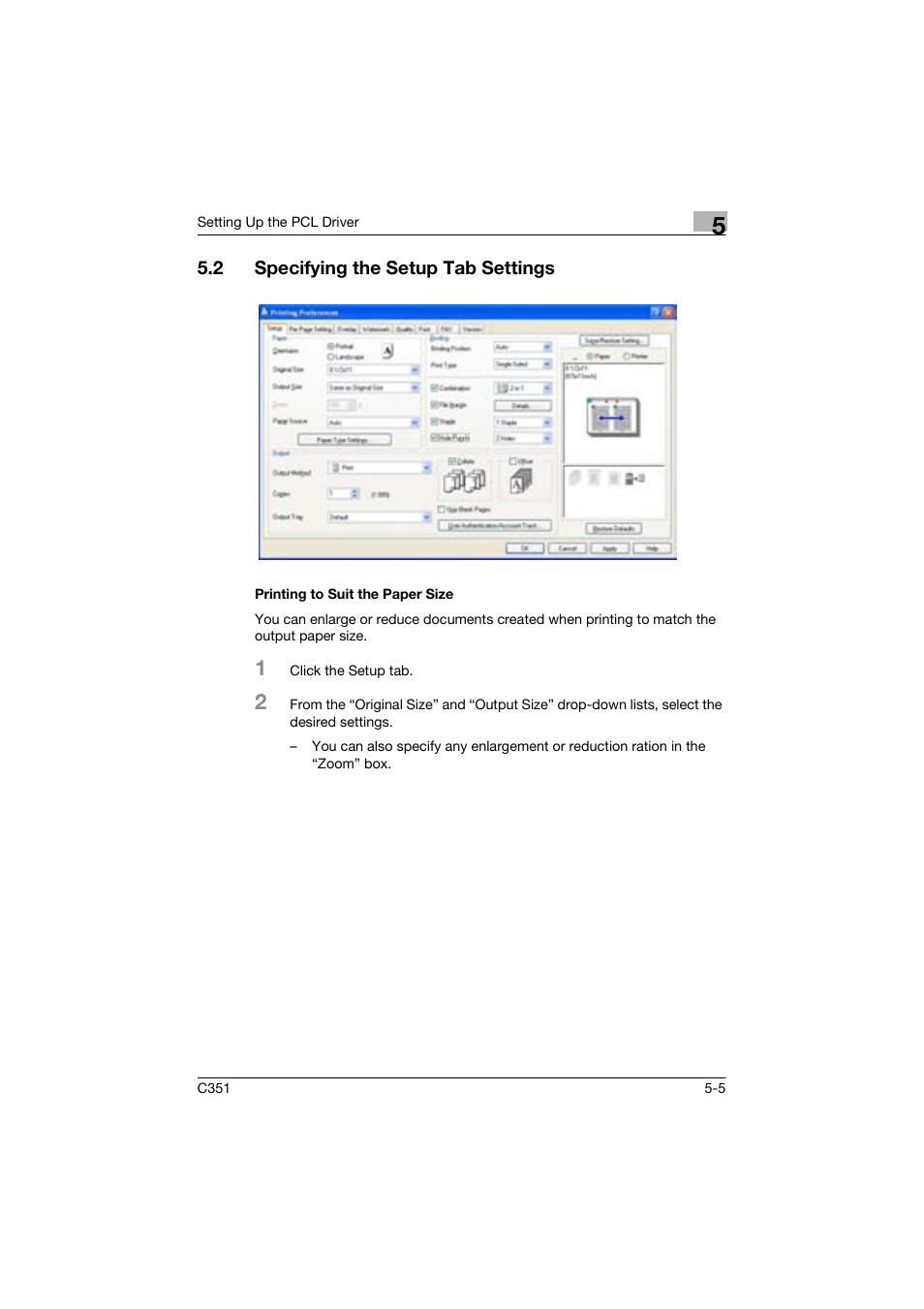 2 specifying the setup tab settings, Printing to suit the paper size | Konica Minolta BIZHUP C351 User Manual | Page 106 / 318