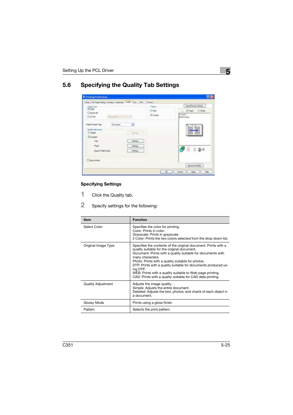 6 specifying the quality tab settings, Specifying settings | Konica Minolta BIZHUP C351 User Manual | Page 126 / 318