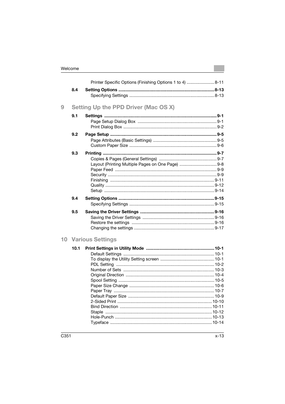 9setting up the ppd driver (mac os x), 10 various settings | Konica Minolta BIZHUP C351 User Manual | Page 14 / 318