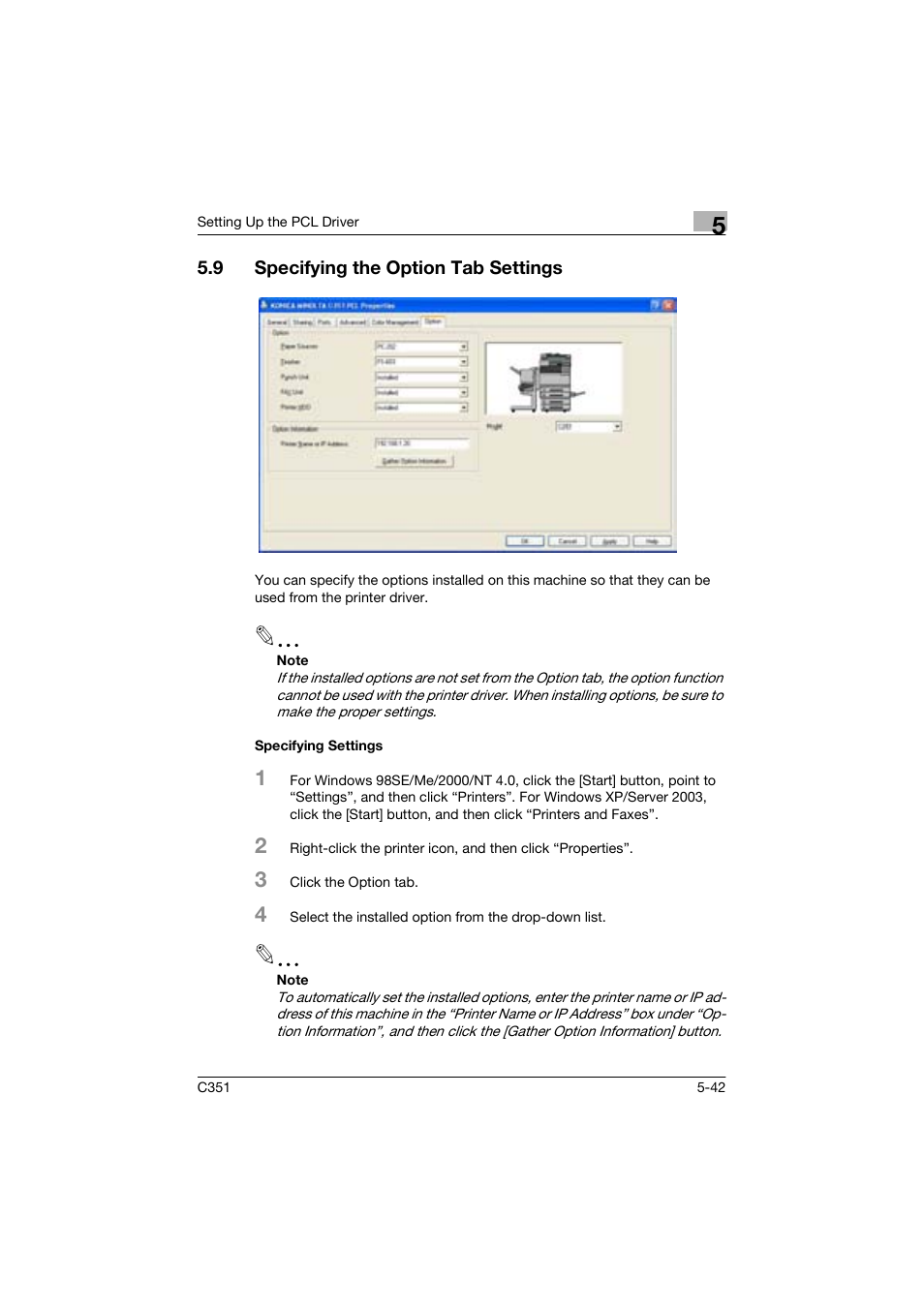 9 specifying the option tab settings, Specifying settings | Konica Minolta BIZHUP C351 User Manual | Page 143 / 318
