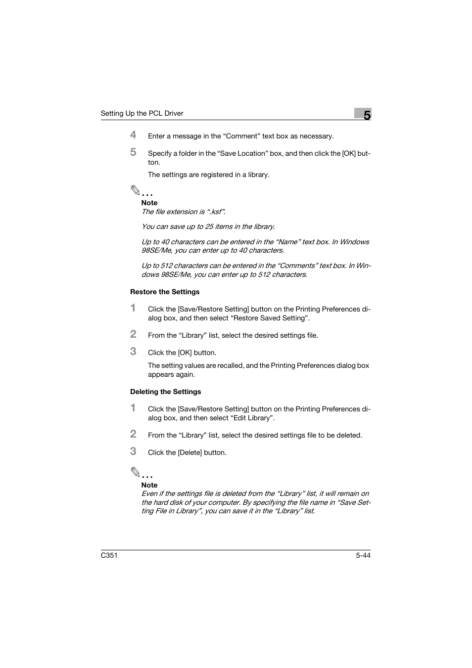 Restore the settings, Deleting the settings | Konica Minolta BIZHUP C351 User Manual | Page 145 / 318