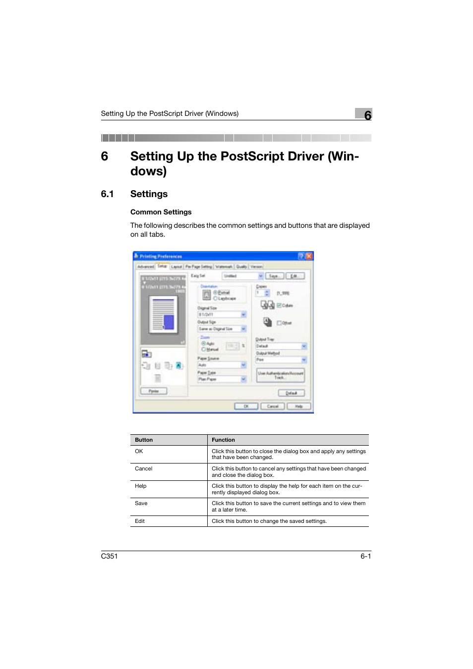 6 setting up the postscript driver (windows), 1 settings, Common settings | 6setting up the postscript driver (win- dows) | Konica Minolta BIZHUP C351 User Manual | Page 146 / 318