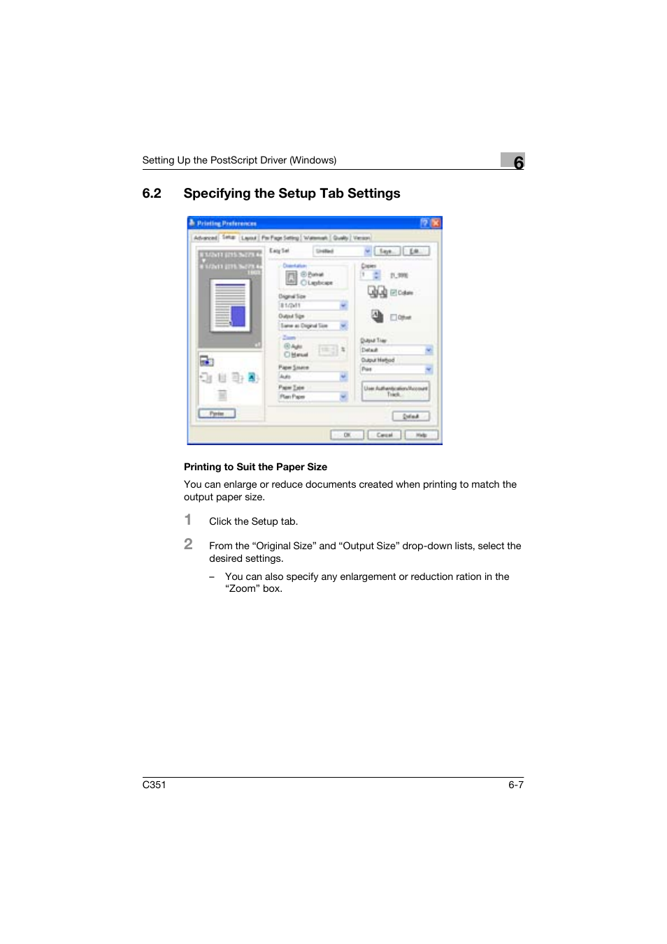 2 specifying the setup tab settings, Printing to suit the paper size | Konica Minolta BIZHUP C351 User Manual | Page 152 / 318