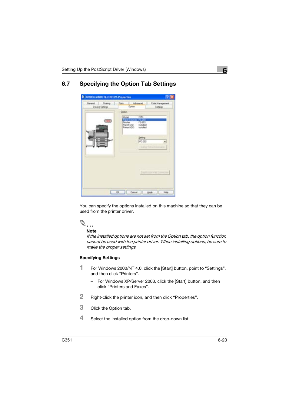 7 specifying the option tab settings, Specifying settings | Konica Minolta BIZHUP C351 User Manual | Page 168 / 318