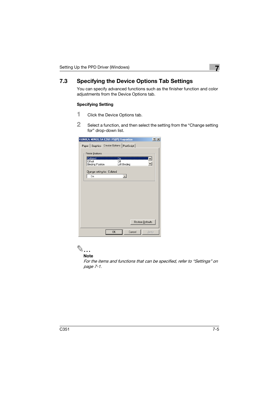 3 specifying the device options tab settings, Specifying setting | Konica Minolta BIZHUP C351 User Manual | Page 178 / 318