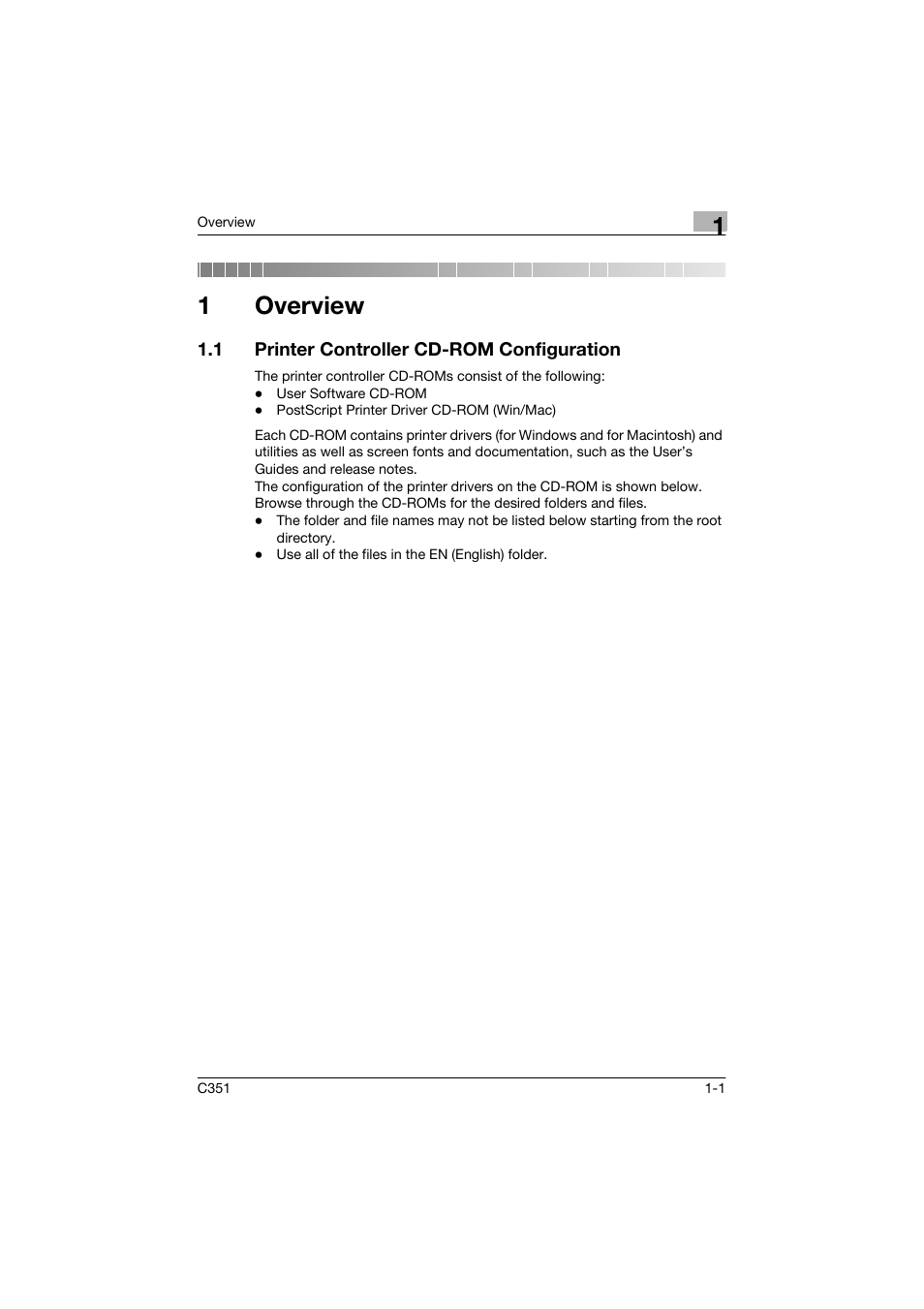 1 overview, 1 printer controller cd-rom configuration, 1overview | Konica Minolta BIZHUP C351 User Manual | Page 20 / 318