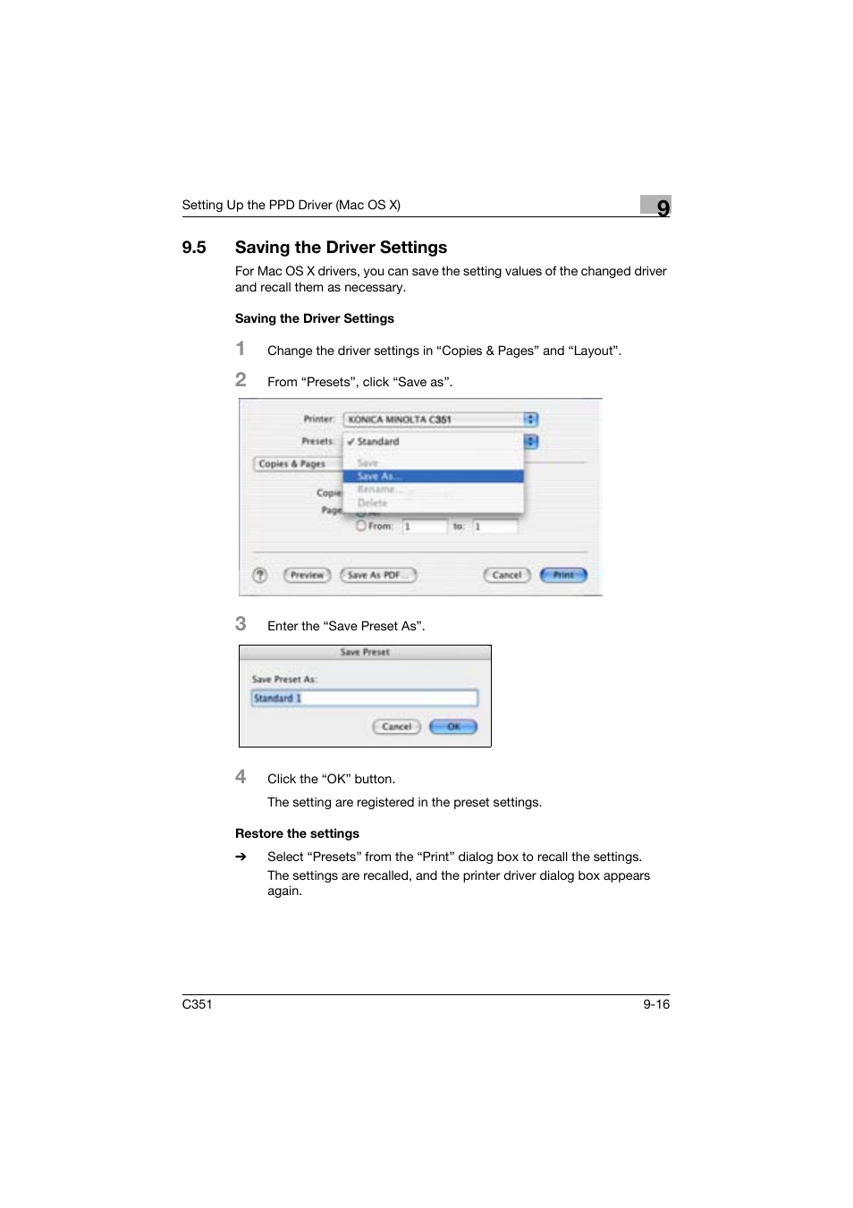 5 saving the driver settings, Saving the driver settings, Restore the settings | Konica Minolta BIZHUP C351 User Manual | Page 211 / 318