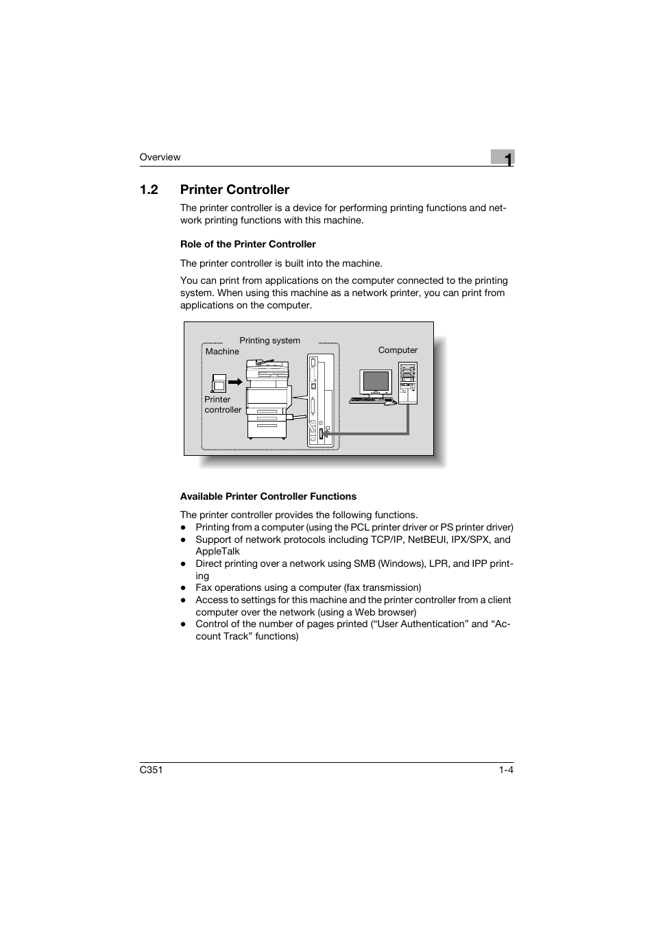 2 printer controller, Role of the printer controller, Available printer controller functions | Konica Minolta BIZHUP C351 User Manual | Page 23 / 318