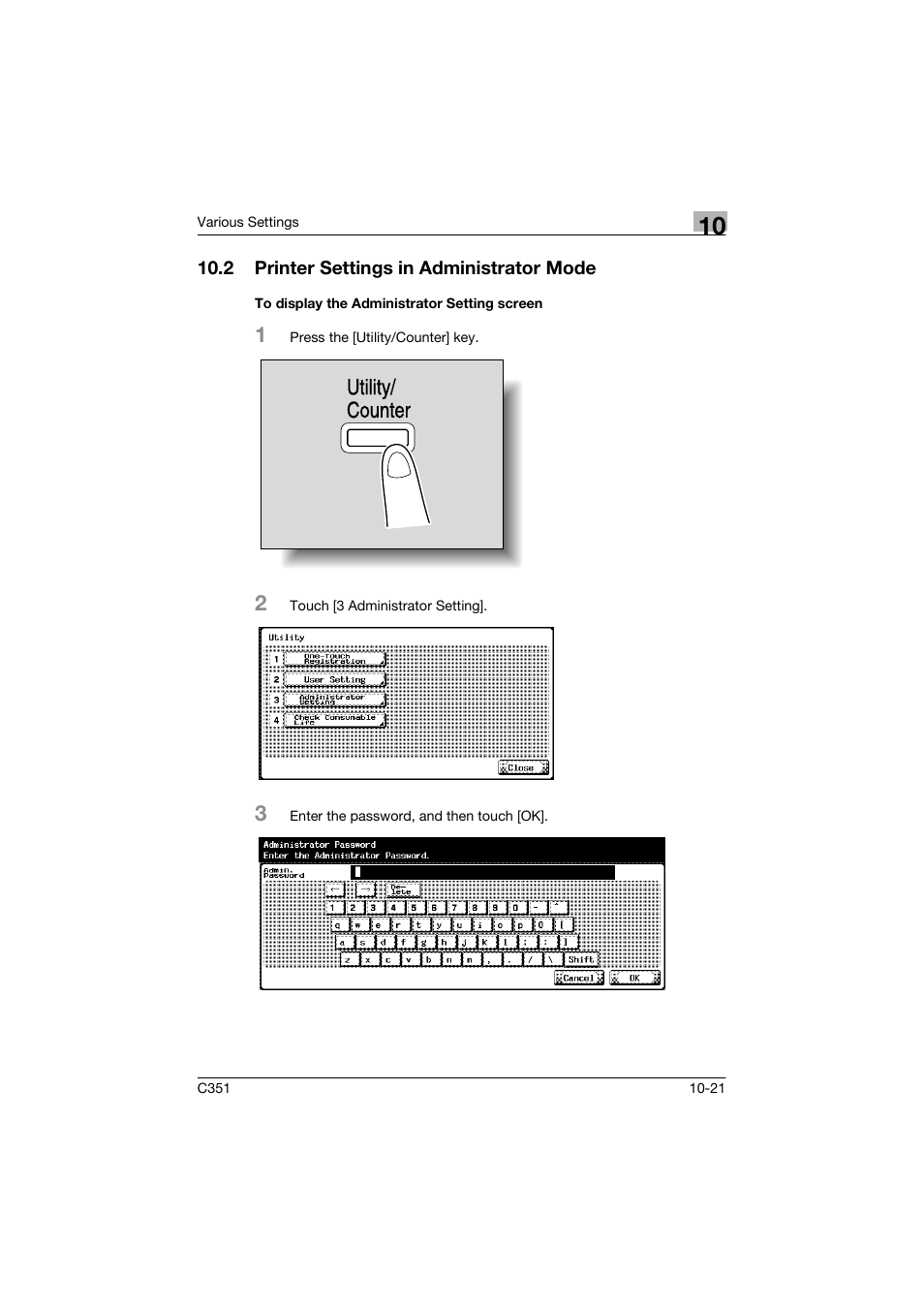 2 printer settings in administrator mode, To display the administrator setting screen, Utility/ counter | Konica Minolta BIZHUP C351 User Manual | Page 234 / 318