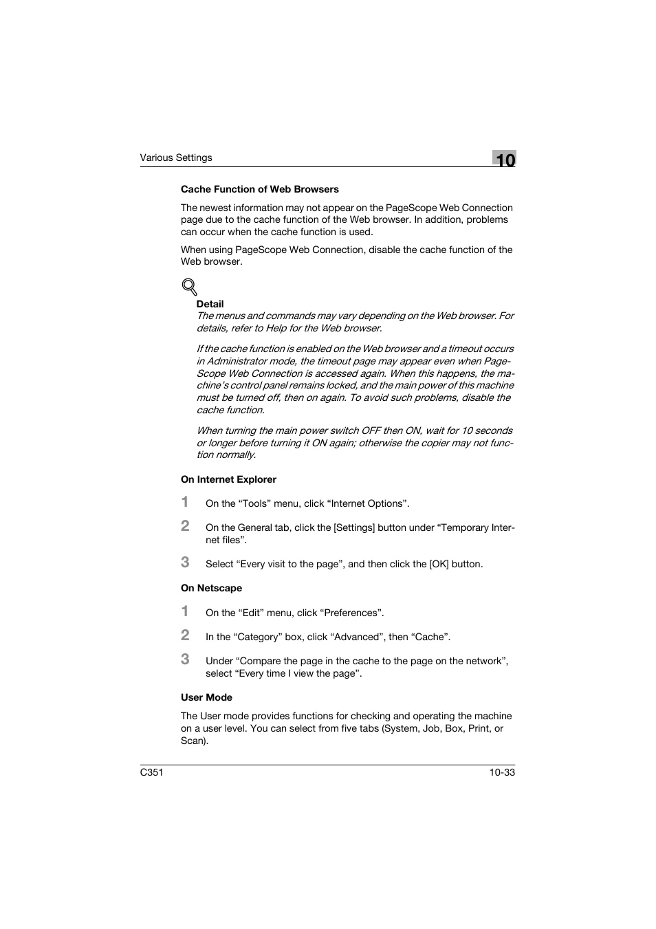 Cache function of web browsers, On internet explorer, On netscape | User mode | Konica Minolta BIZHUP C351 User Manual | Page 246 / 318