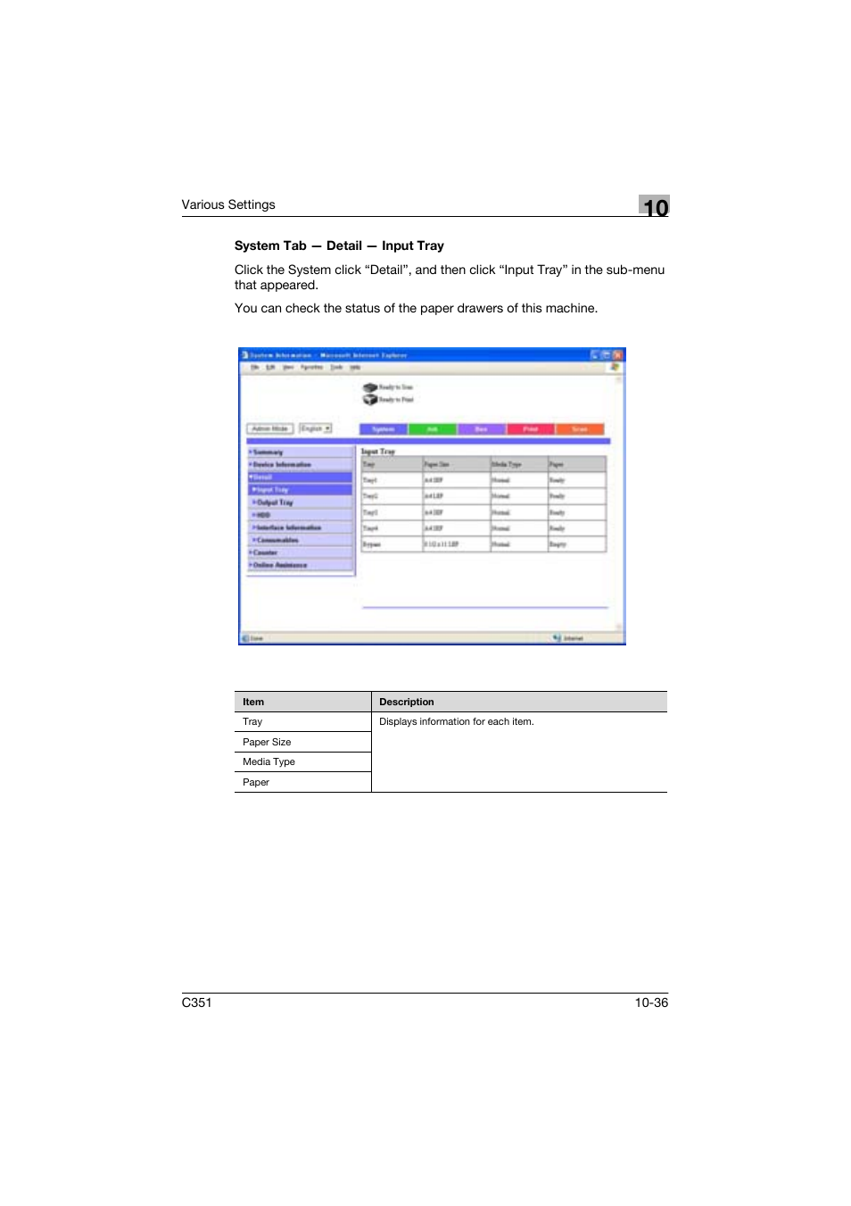 System tab - detail - input tray | Konica Minolta BIZHUP C351 User Manual | Page 249 / 318