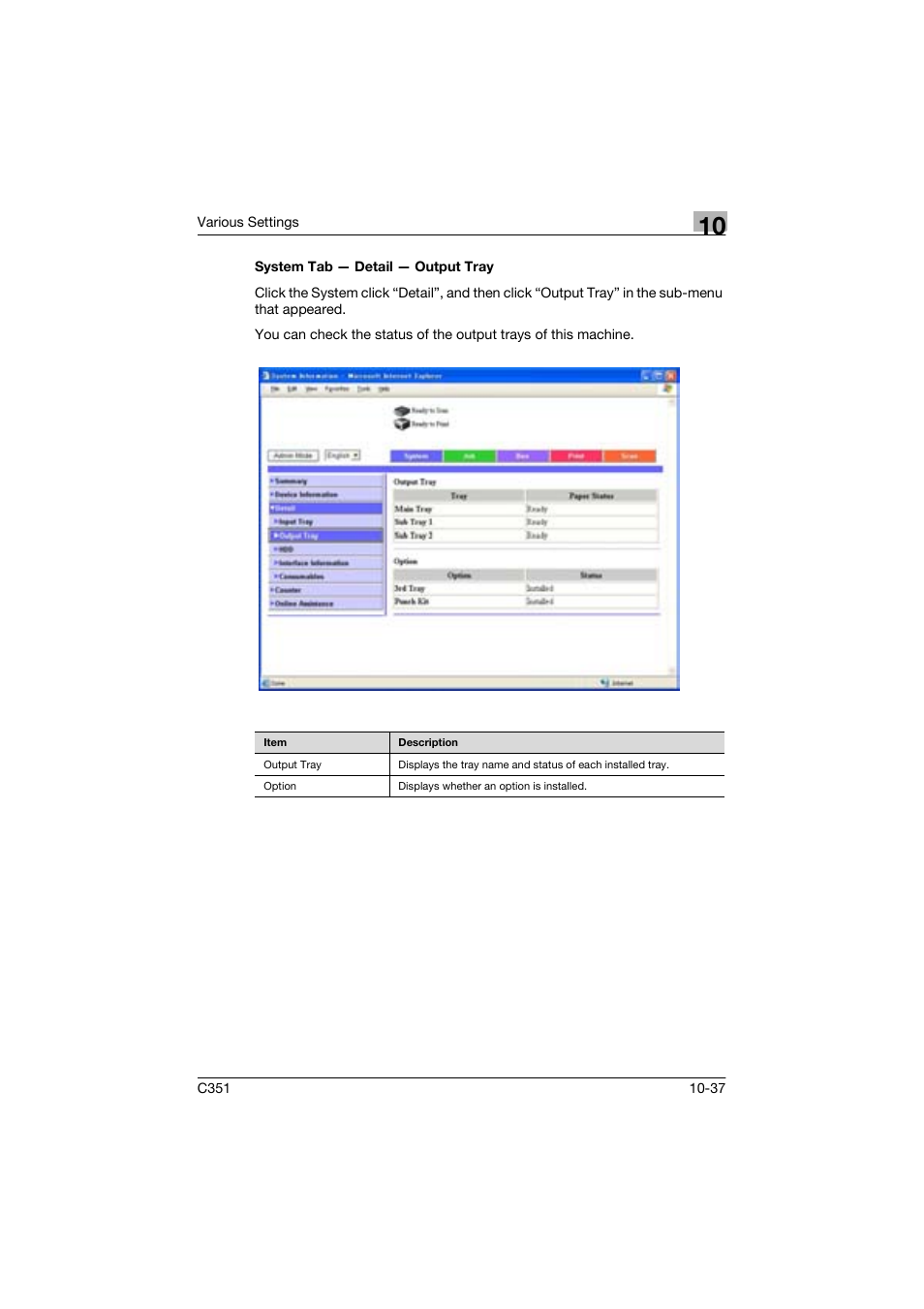 System tab - detail - output tray | Konica Minolta BIZHUP C351 User Manual | Page 250 / 318