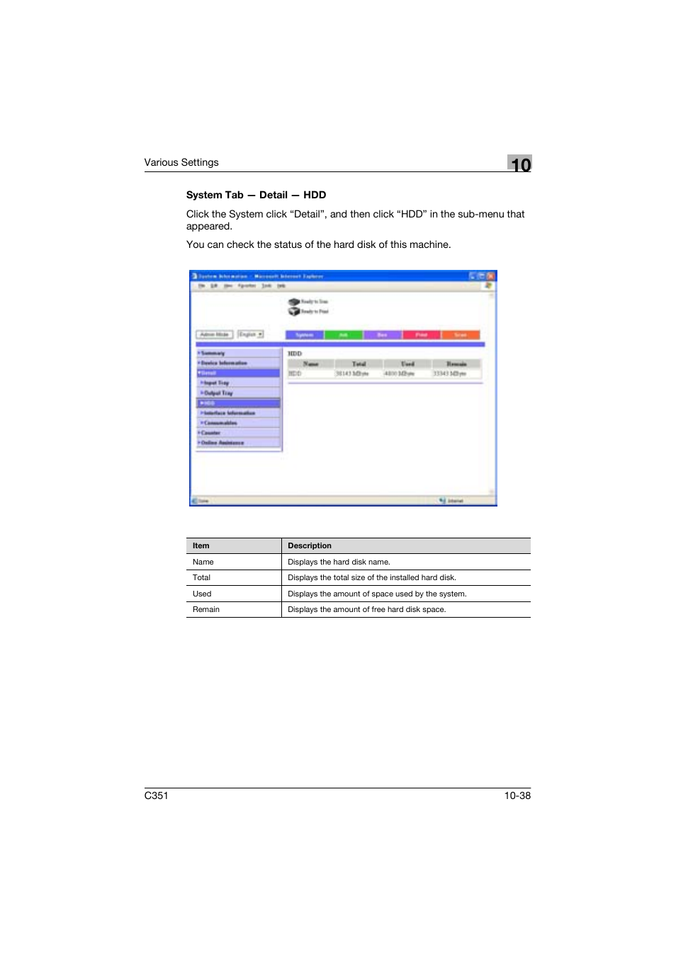 System tab - detail - hdd | Konica Minolta BIZHUP C351 User Manual | Page 251 / 318