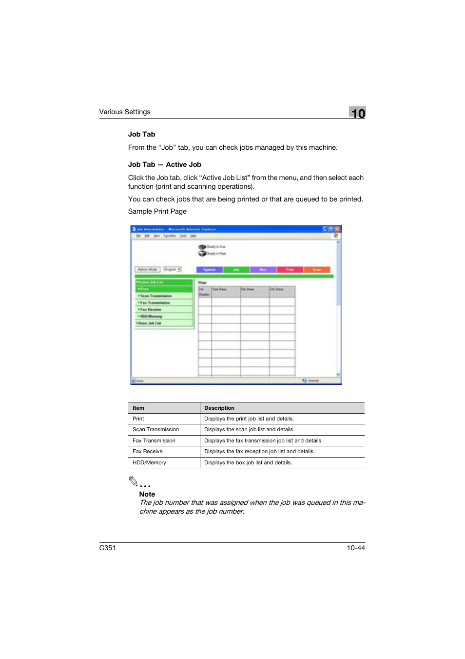 Job tab, Job tab - active job | Konica Minolta BIZHUP C351 User Manual | Page 257 / 318