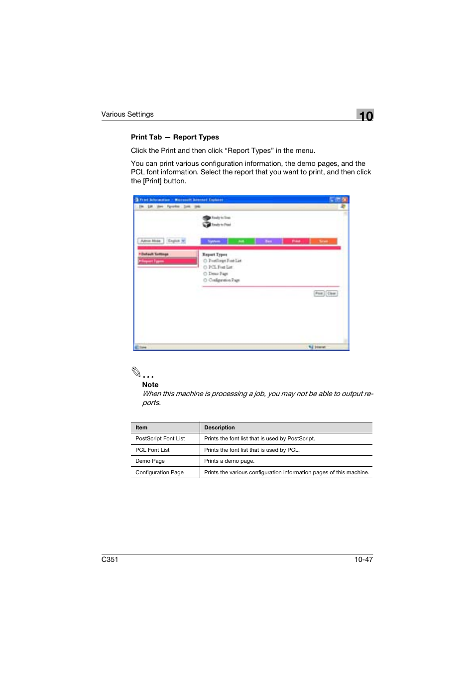 Print tab - report types | Konica Minolta BIZHUP C351 User Manual | Page 260 / 318