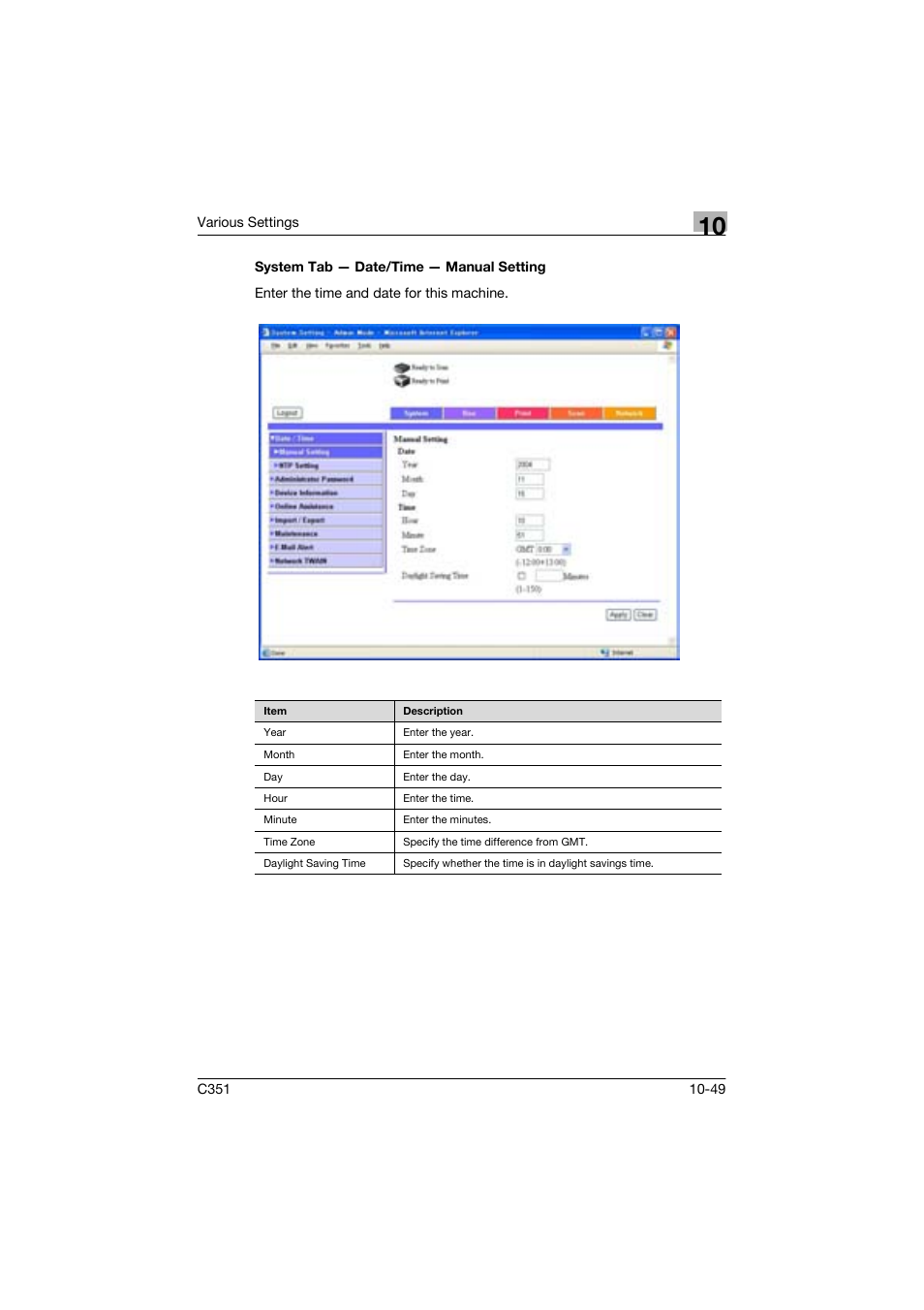 System tab - date/time - manual setting | Konica Minolta BIZHUP C351 User Manual | Page 262 / 318