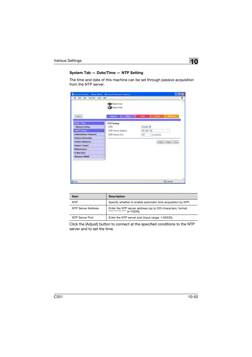 System tab - date/time - ntp setting | Konica Minolta BIZHUP C351 User Manual | Page 263 / 318