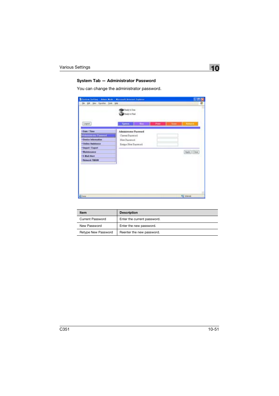 System tab - administrator password | Konica Minolta BIZHUP C351 User Manual | Page 264 / 318