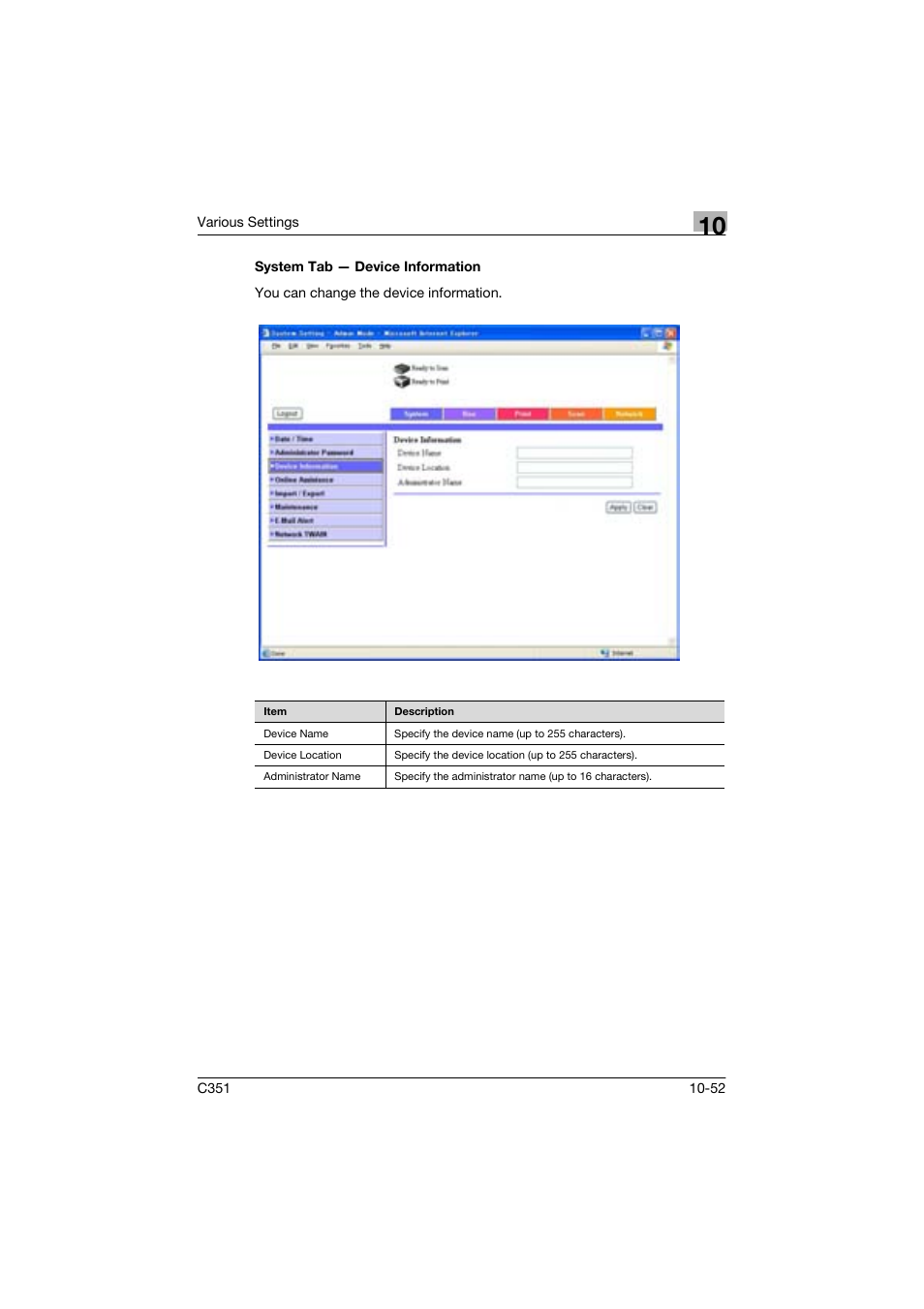 System tab - device information | Konica Minolta BIZHUP C351 User Manual | Page 265 / 318