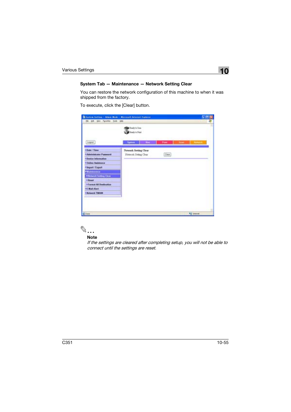 System tab - maintenance - network setting clear | Konica Minolta BIZHUP C351 User Manual | Page 268 / 318