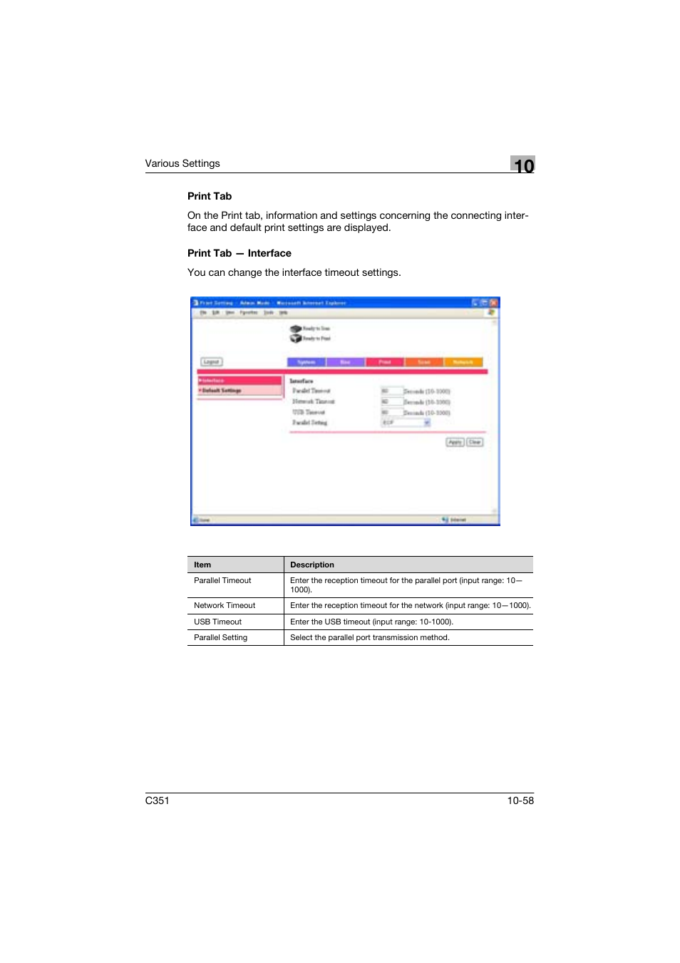 Print tab, Print tab - interface | Konica Minolta BIZHUP C351 User Manual | Page 271 / 318