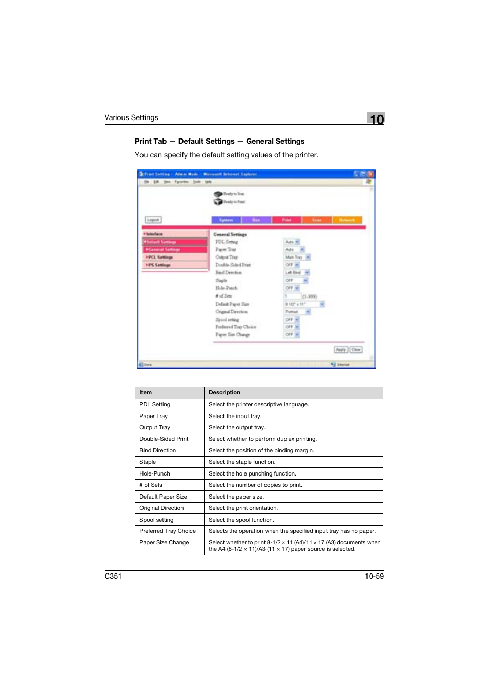 Print tab - default settings - general settings | Konica Minolta BIZHUP C351 User Manual | Page 272 / 318