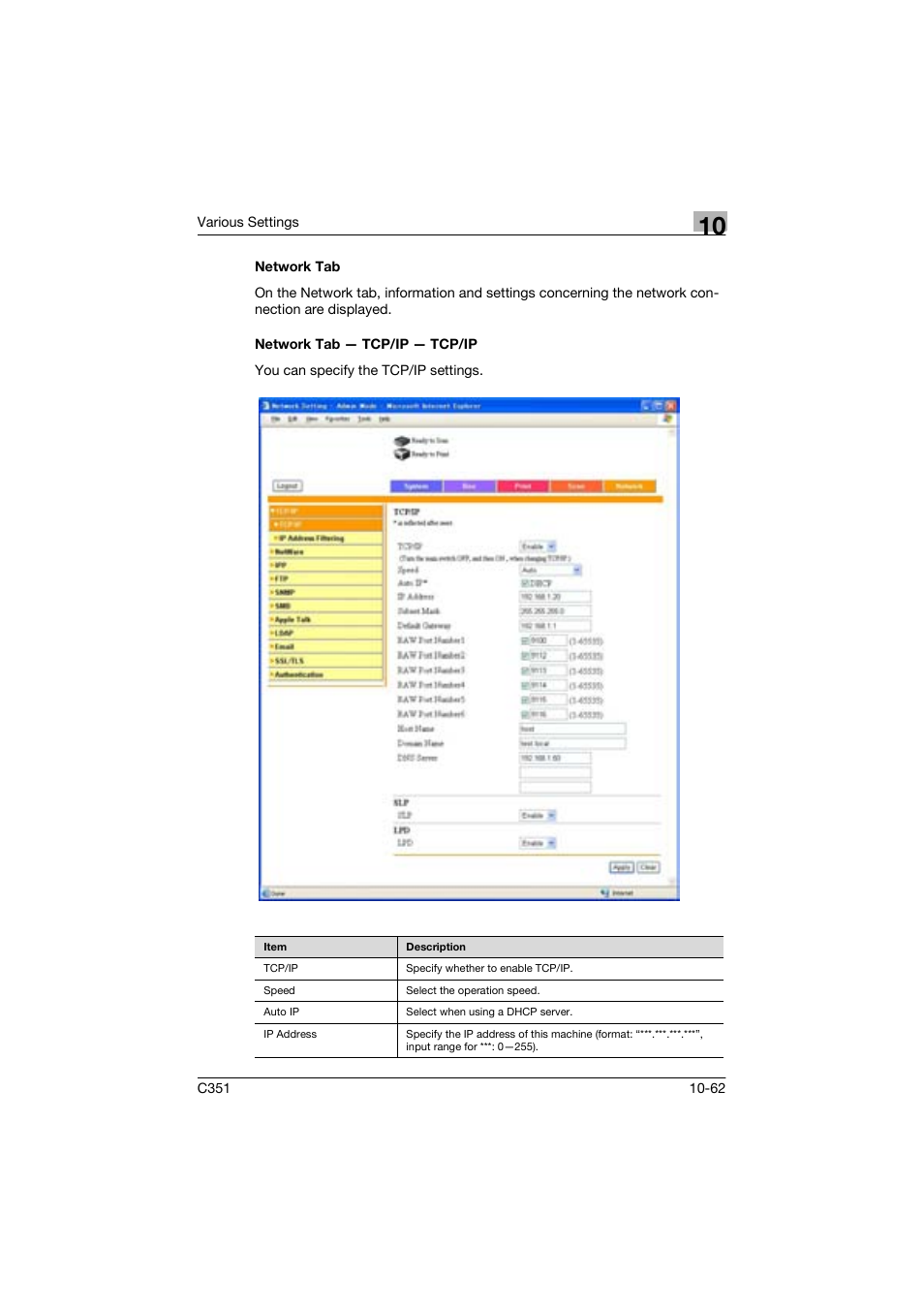 Network tab, Network tab - tcp/ip - tcp/ip | Konica Minolta BIZHUP C351 User Manual | Page 275 / 318