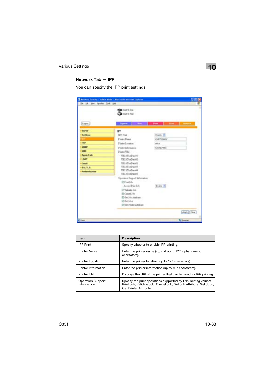 Network tab - ipp | Konica Minolta BIZHUP C351 User Manual | Page 281 / 318