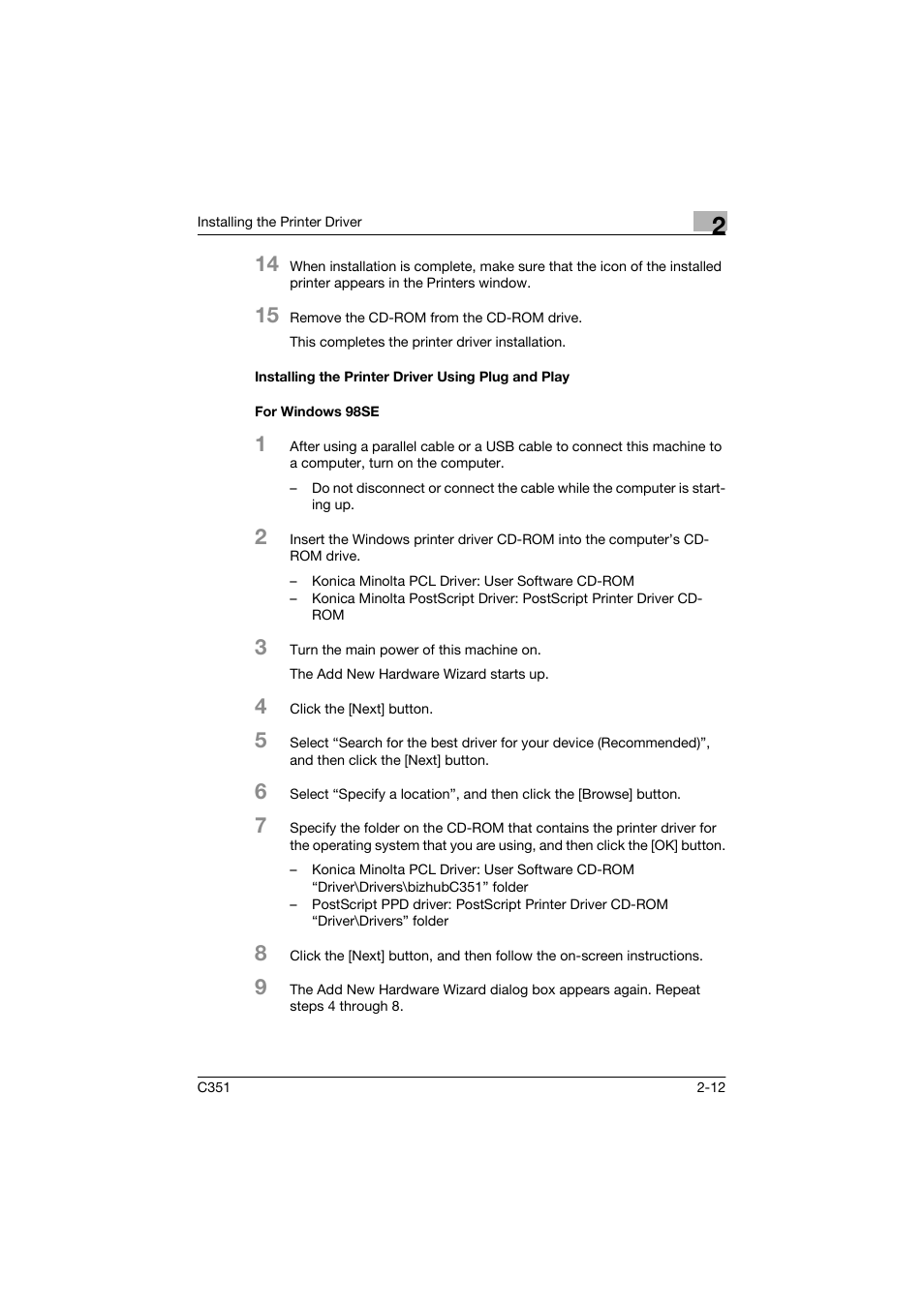 Installing the printer driver using plug and play, For windows 98se | Konica Minolta BIZHUP C351 User Manual | Page 43 / 318