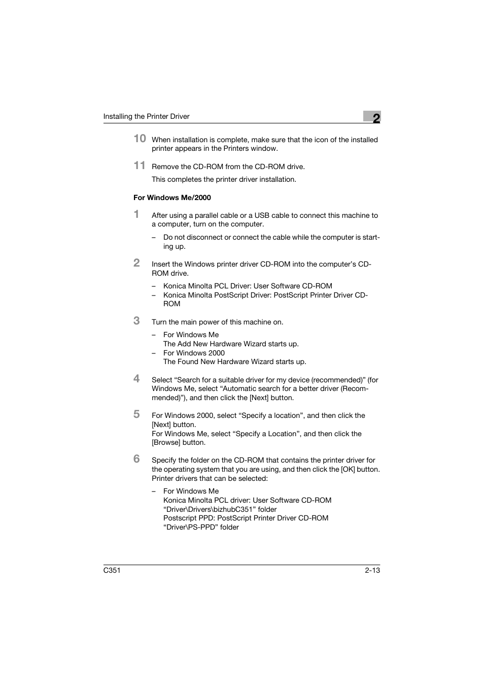 For windows me/2000 | Konica Minolta BIZHUP C351 User Manual | Page 44 / 318