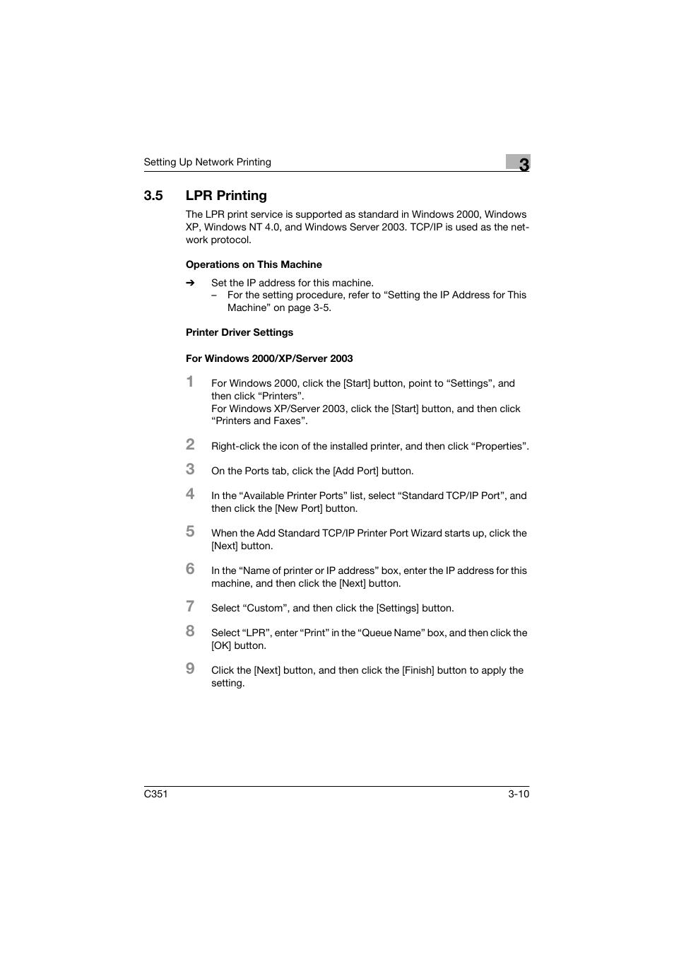 5 lpr printing, Operations on this machine, Printer driver settings | For windows 2000/xp/server 2003 | Konica Minolta BIZHUP C351 User Manual | Page 63 / 318