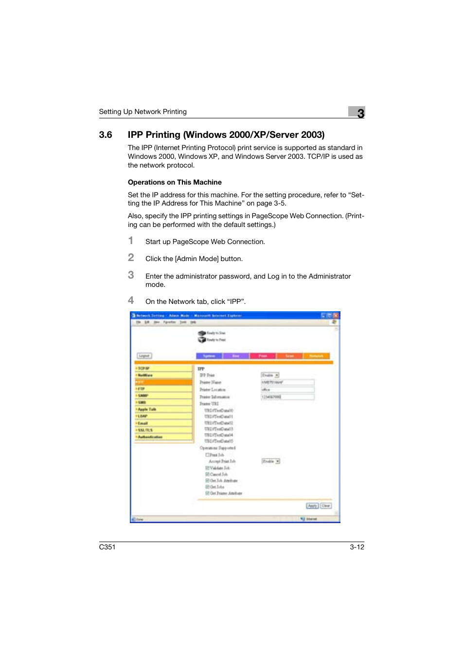 6 ipp printing (windows 2000/xp/server 2003), Operations on this machine | Konica Minolta BIZHUP C351 User Manual | Page 65 / 318