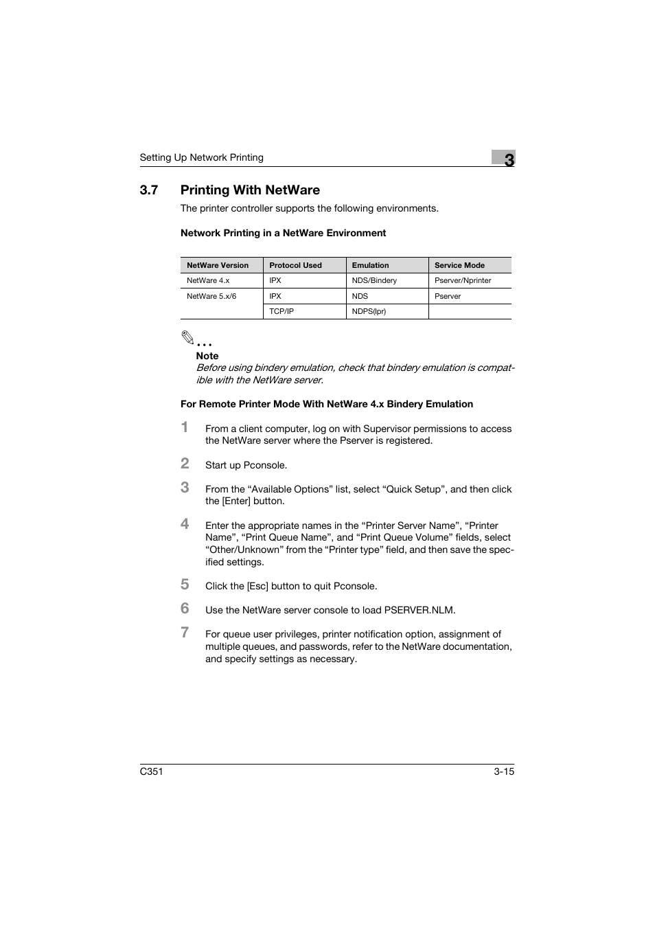 7 printing with netware, Network printing in a netware environment | Konica Minolta BIZHUP C351 User Manual | Page 68 / 318