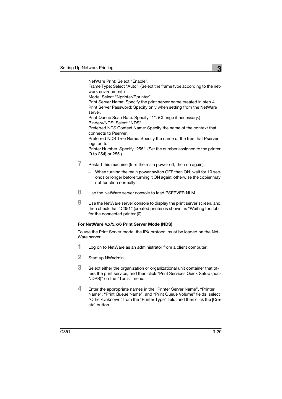 For netware 4.x/5.x/6 print server mode (nds) | Konica Minolta BIZHUP C351 User Manual | Page 73 / 318