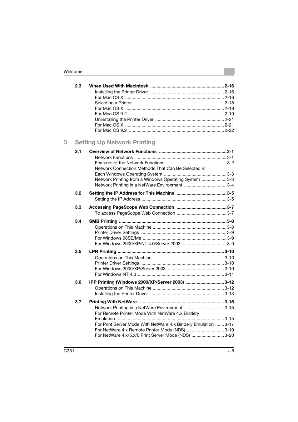 3setting up network printing | Konica Minolta BIZHUP C351 User Manual | Page 9 / 318
