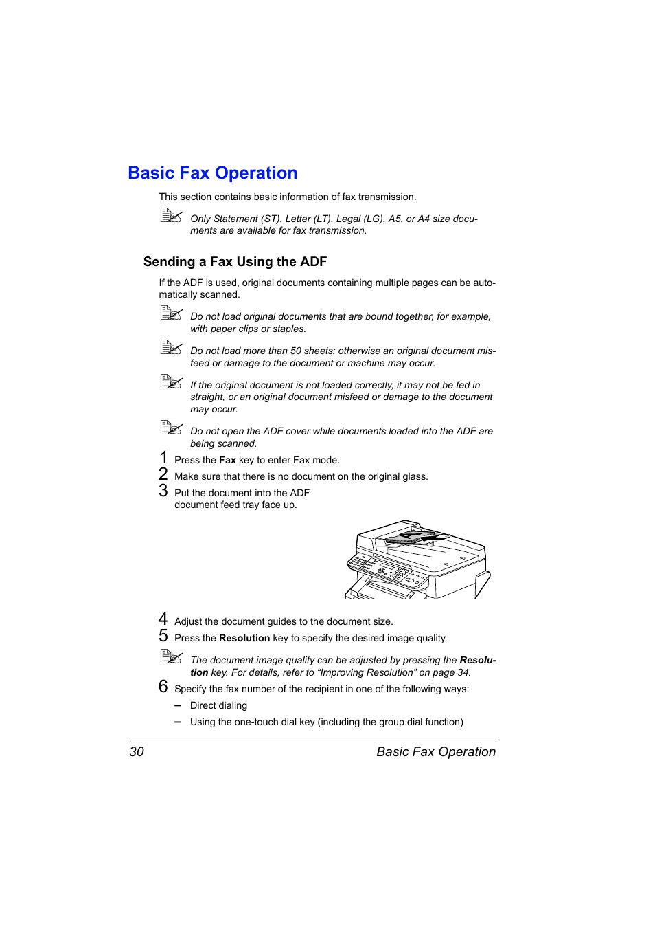 Basic fax operation, Sending a fax using the adf, Basic fax operation 30 | Sending a fax using the adf 30 | Konica Minolta Magicolor 2590 MF User Manual | Page 36 / 92