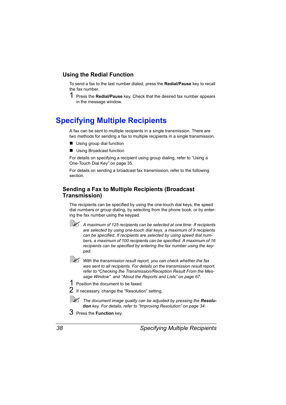 Using the redial function, Specifying multiple recipients, Using the redial function 38 | Specifying multiple recipients 38 | Konica Minolta Magicolor 2590 MF User Manual | Page 44 / 92