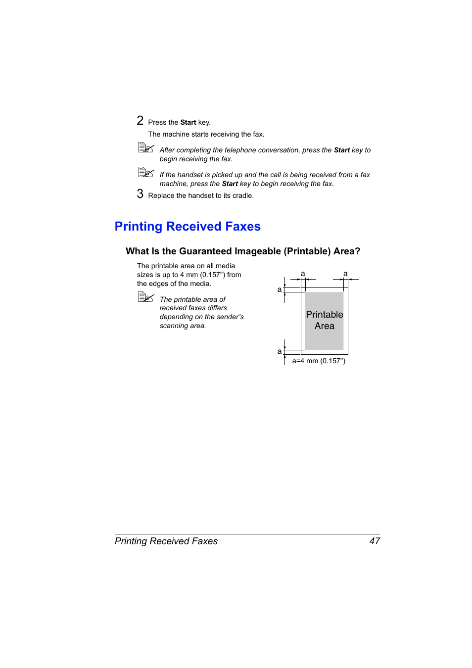 Printing received faxes, What is the guaranteed imageable (printable) area, Printing received faxes 47 | Konica Minolta Magicolor 2590 MF User Manual | Page 53 / 92