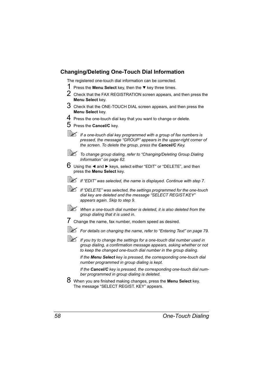 Changing/deleting one-touch dial information, Changing/deleting one-touch dial information 58 | Konica Minolta Magicolor 2590 MF User Manual | Page 64 / 92