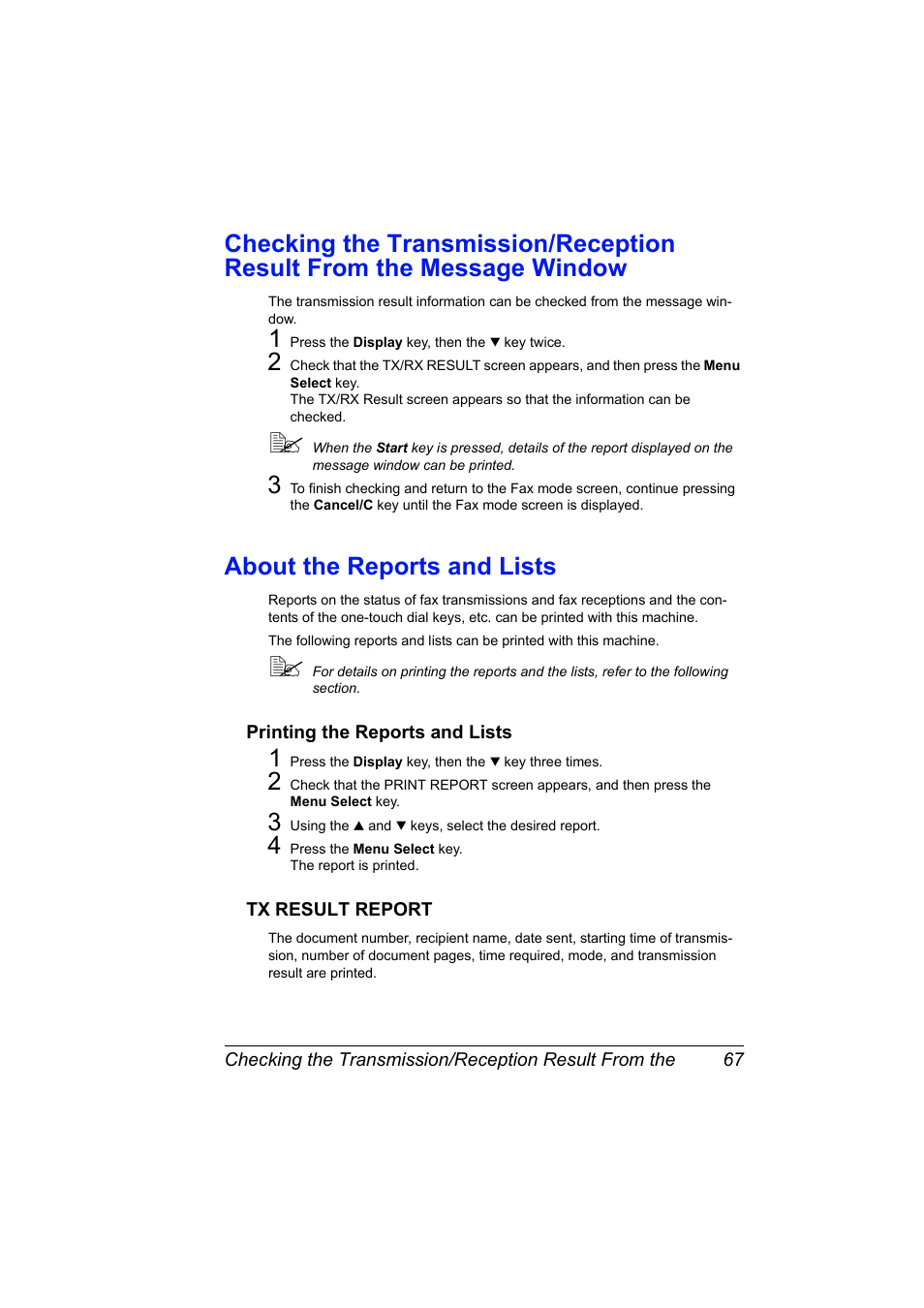 About the reports and lists, Printing the reports and lists, Tx result report | Konica Minolta Magicolor 2590 MF User Manual | Page 73 / 92